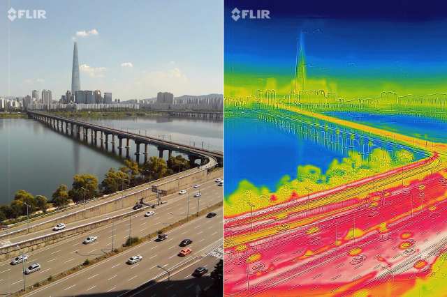 1907년 기상관측 이래 역대 최고 기온을 기록한 1일 오후 서울 광진구에서 일반 카메라와 열화상 카메라로 촬영한 강변북로 모습. 오른쪽 영상이 열화상 카메라로 찍은 사진으로 온도가 높을수록 붉게 낮을수록 푸르게 표시된다. 연합뉴스