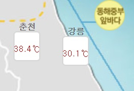 3일 오후 5시 기준 강원도 강릉이 30.1도, 춘천이 38.4도를 보이고 있다. 강원도는 올 여름 영동(태백산맥 동쪽)과 영서 지역이 판이하게 다른 기온을 보이고 있다. 기상청