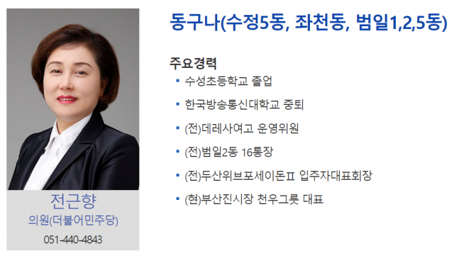 부산 동구의회 전근향 의원 프로필. 부산 동구의회 홈페이지