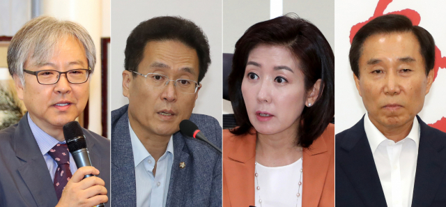 자유한국당 비상대책위원회는 6일 비대위 산하에 당 쇄신과 정치개혁 등을 위한 4개 소위와 1개 특위를 신설했다. 왼쪽부터 가치·좌표재정립소위 위원장 홍성걸 국민대 교수, 정책·대안정당 소위 위원장 함진규 정책위의장, 열린·투명정당 소위 위원장 나경원 의원, 시스템·정치개혁 소위 위원장 최병길 비대위원. 이밖에 여성·청년 특위는 이수희·정현호 비대위원이 책임지고 외부인사를 추천받아 구성하기로 했다. 연합뉴스