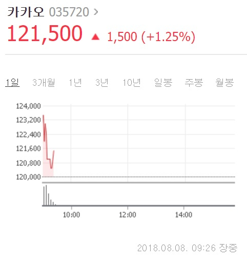 카카오 주가 8일 오전 9시 26분 기준 12만1천500원. 네이버 증권정보