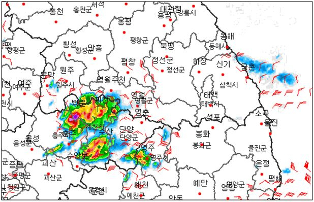 10일 오후 6시 10분 기준 원주 일대 기상 레이더. 기상청 제공