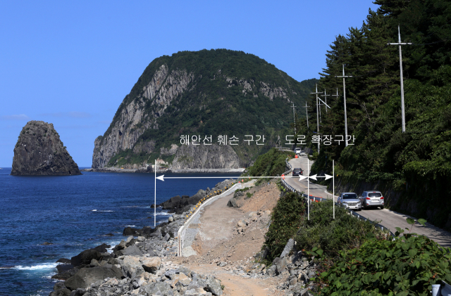 울릉군 북면 천부마을에서 죽암마을로 이어지는 해안이 훼손되고 있다. 주민들은 도로 폭 2m를 확장하려고 폭 10m 이상의 해안선을 망가뜨리는 공사 방식을 이해할 수 없다고 입을 모은다. 김도훈 기자