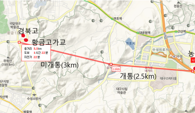 대구 수성구 연호동 일대 개발 붐이 일면서 황금고가교 철거 문제가 재부상하고 있다. 황금동~연호동 도시계획도로 노선.