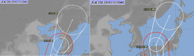 일본기상청 태풍 솔릭(왼쪽), 태풍 시마론(오른쪽) 예상경로. 22일 오전 6시 발표. 24일 태풍 솔릭은 한반도 서쪽에, 태풍 시마론은 한반도 동쪽에 위치해 