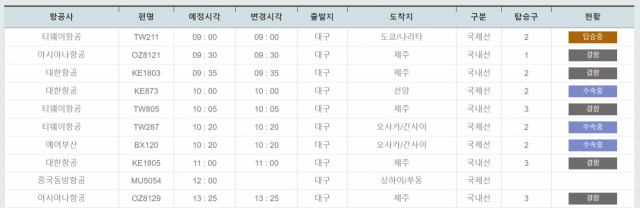 23일 오전 9시 27분 기준 대구공항 결항 현황. 대구공항 웹사이트