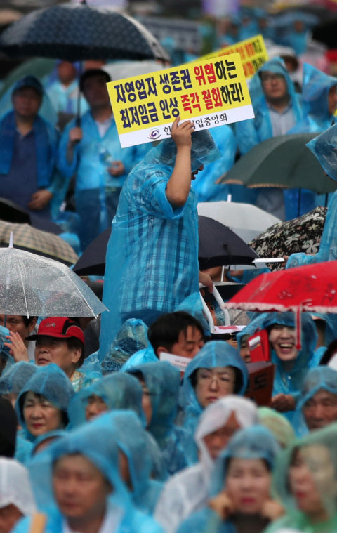 29일 오후 서울 광화문광장에서 열린 소상공인 최저임금 제도개선 촉구대회에서 한 참가자가 