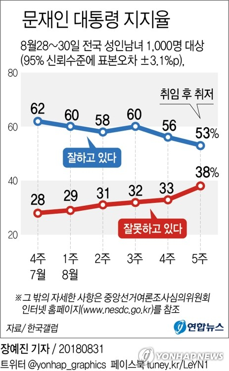 문재인 대통령의 국정 지지도가 취임 이후 최저치를 경신하고 여당인 더불어민주당 지지도 역시 동반 하락했다는 여론조사 결과가 31일 나왔다. 연합뉴스 연합뉴스