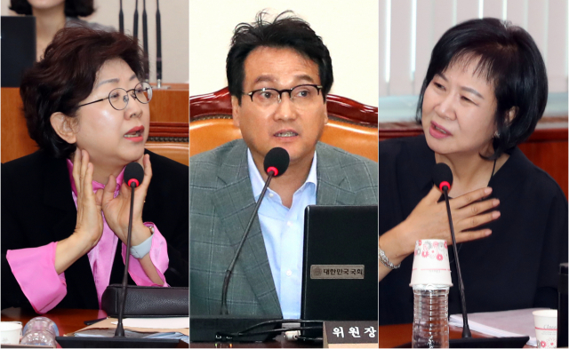 국회 문화체육관광위원회 안민석 위원장(가운데)과 더불어민주당 손혜원(오른쪽), 자유한국당 박인숙 간사가 10일 국회에서 열린 전체회의에서 