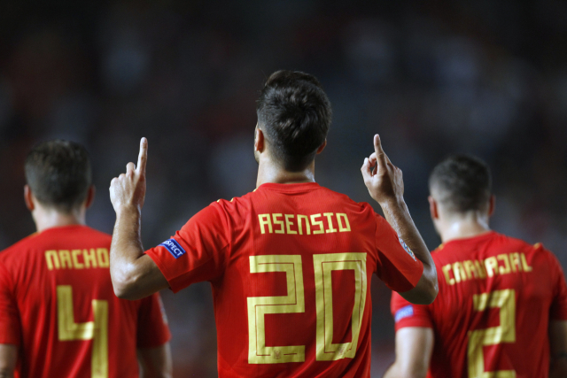 스페인이 크로아티아를 6대0으로 꺾은 12일 2018-2019 UEFA 네이션스리그 경기에서 1골 3도움을 기록한 마르코 아센시오(레알 마드리드). 연합뉴스 (AP Photo/Alberto Saiz)