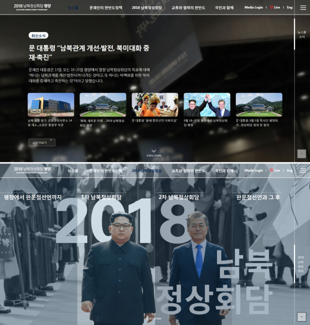 2018 남북정상회담 준비위원회가 국민과 함께 만들어가는 남북정상회담을 위해 온라인 플랫폼(www.koreasummit.kr)을 새롭게 단장해 공개했다고 14일 밝혔다. 이번 플랫폼은 지난 1·2차 남북정상회담 결과 및 판문점 선언 이후의 남북 간 교류성과에 관한 정보를 담았고, 1차 회담과 마찬가지로 