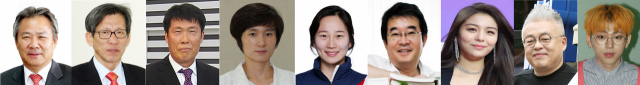청와대가 16일 제3차 남북정상회담을 비롯한 문재인 대통령의 평양 방문에 동행할 공식·특별 수행원을 발표했다. 사진은 문화예술체육계 인사. 왼쪽부터 이기흥 대한체육회장, 유홍준 명지대 석좌교수, 차범근 축구 감독, 현정화 탁구대표팀 감독, 박종아 평창 아이스하키 남북단일팀 주장, 안도현 시인, 가수 에일리, 김형석 작곡가, 가수 지코. 연합뉴스