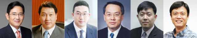 청와대가 16일 제3차 남북정상회담을 비롯한 문재인 대통령의 평양 방문에 동행할 공식·특별 수행원을 발표했다. 사진은 경제계 특별수행원. 왼쪽부터 이재용 삼성전자 부회장, 최태원 SK 회장, 구광모 LG 회장, 김용환 현대자동차 부회장, 이재웅 쏘카 대표, 장병규 4차산업혁명위원장. 연합뉴스