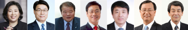 청와대가 16일 제3차 남북정상회담을 비롯한 문재인 대통령의 평양 방문에 동행할 공식·특별 수행원을 발표했다. 사진은 남북협력사업 관련 기업대표. 왼쪽부터 현정은 현대그룹 회장, 최정우 포스코 회장, 신한용 개성공단기업협회장, 오영식 코레일 사장, 안영배 한국관광공사 사장, 김종갑 한국전력 사장, 이동걸 한국산업은행 총재. 연합뉴스