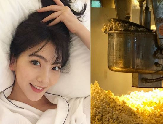 팝콘 기계에서 팝콘이 튀겨지는 모습이 담긴 사진이 게재된 강지영 인스타그램