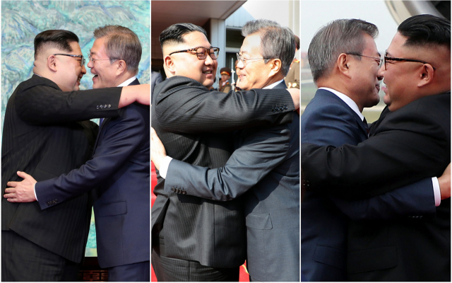 문재인 대통령이 역대 대통령 중 3번째로 18일 오전 평양 순안공항에 도착, 마중 나온 김정은 국무위원장과 포옹하고 있다.(오른쪽) 사진 왼쪽은 지난 4월 판문점 평화의 집에서 열린 남 북정상회담에서 판문점 선언에 서명한 뒤 포옹하는 남북 정상. 가운데는 지난 5월 판문점 북측 통일각에서 정상회담을 마친 뒤 헤어지며 포옹하는 남북 정상. 연합뉴스