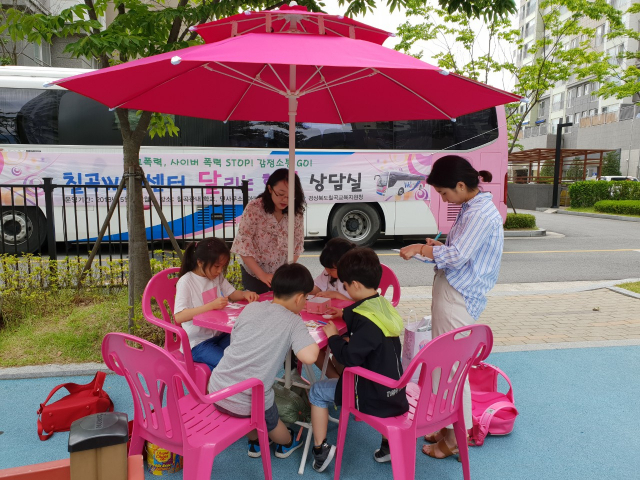 칠곡교육지원청의 위버스가 지역의 한 아파트 단지를 찾아가 초등학생들에게 상담서비스를 제공하고 있다. 칠곡교육지원청 제공