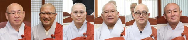 대한불교조계종 총무원장 원행스님이 28일 총무부장에 금곡스님(왼쪽부터), 기획실장에 오심스님, 재무부장에 유승스님, 문화부장에 현법스님, 호법부장에 성효스님, 사서실장에 삼혜스님을 임명했다. 연합뉴스