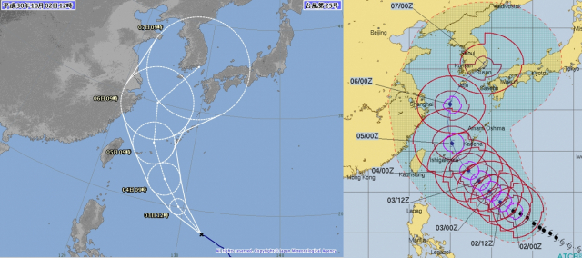 태풍 콩레이 예상경로. (왼쪽) 일본기상청 (오른쪽) 미국합동태풍경보센터(JTWC)