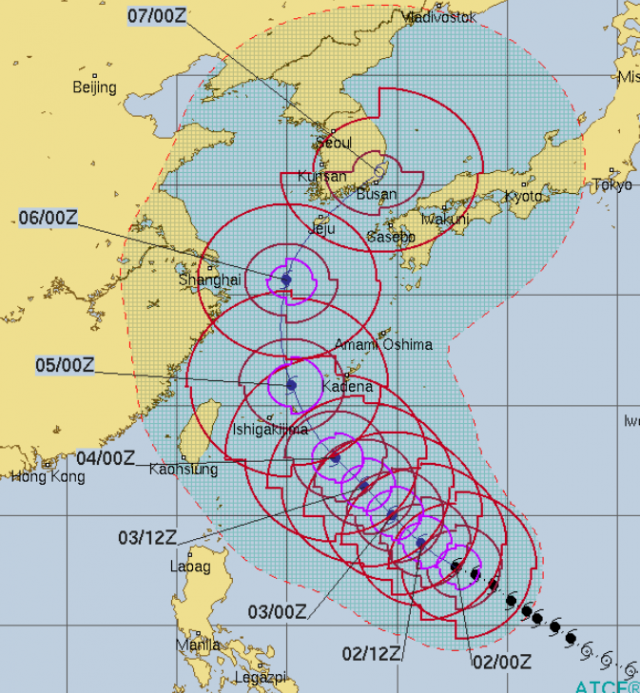 미국합동태풍경보센터(JTWC)의 태풍 콩레이 예상경로. 미국합동태풍경보센터(JTWC)