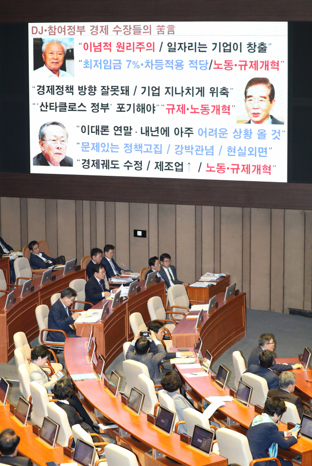 김광림 자유한국당 국회의원이 2일 국회 본회의에서 열린 경제 분야 대정부 질문에서 이낙연 총리에게 질문하며 전광판에 DJ·참여정부 경제수장의 고언을 게시하고 있다. 연합뉴스