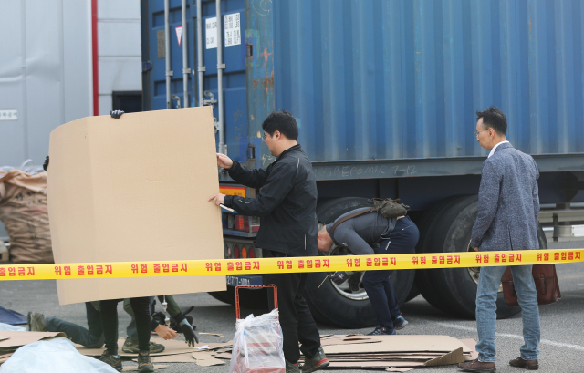 8일 오후 경기도 안산시 단원구 반월공단 소재 스팀청소기 전문 제작 업체 물류창고에서 관계자들이 붉은불개미 1천여 마리가 발견된 컨테이너를 조사하고 있다. 연합뉴스