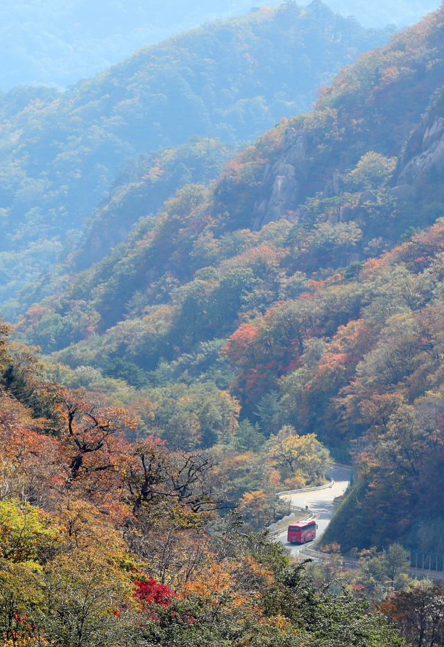 10일 강원 양양군 설악산 오색령 정상에서 바라본 설악산 일대가 단풍으로 물들고 있다. 설악산 국립공원관리공단은 오는 18일께 설악산 단풍이 절정에 이를 것으로 예상하고 있다. 연합뉴스