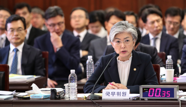 강경화 외교부 장관이 10일 오전 서울 종로구 외교부에서 열린 2018 국회 외교통일위원회 국정감사에서 북핵 폐기와 관련한 질의에 답변하고 있다. 연합뉴스