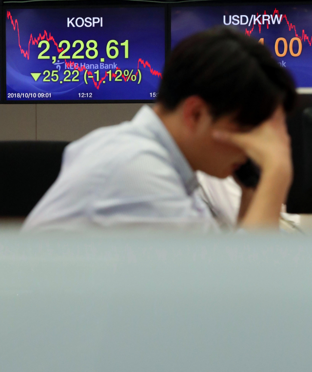 코스피 지수가 전 거래일 대비 25.22포인트(1.12%) 내린 2,228.61로 연중 최저치로 장을 마감한 10일 오후 서울 중구 명동 KEB 하나은행 본점 딜링룸에서 딜러들이 업무를 보고 있다. 이날 코스닥 지수는 19.65포인트(2.56%) 내린 747.50로 장을 마감했다. 연합뉴스