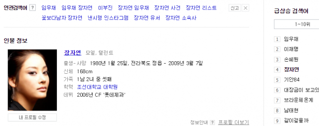 장자연 네이버 연관검색어. 10월 12일. 임우재, 임우재 장자연, 이부진, 장자연 임우재, 장자연 사건, 장자연 리스트, 꽃보다남자 장자연, 낸시랭 인스타그램, 장자연 유서, 장자연 소속사. 네이버