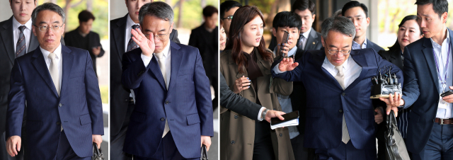양승태 사법부 시절 사법행정권 남용 의혹의 핵심 인물로 꼽히는 임종헌 전 법원행정처 차장이 16일 오후 서울 서초구 서울중앙지검에 재출석하며 질문을 위해 접근하는 기자들을 향해 손사래를 친 뒤 팔꿈치로 뿌리치며 조사실로 향하고 있다. 연합뉴스