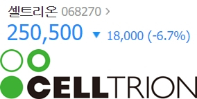 23일 오전 9시 36분 기준 셀트리온 주가는 25만500원으로 전일 대비 1만8000원(6.7%) 하락했다. 네이버