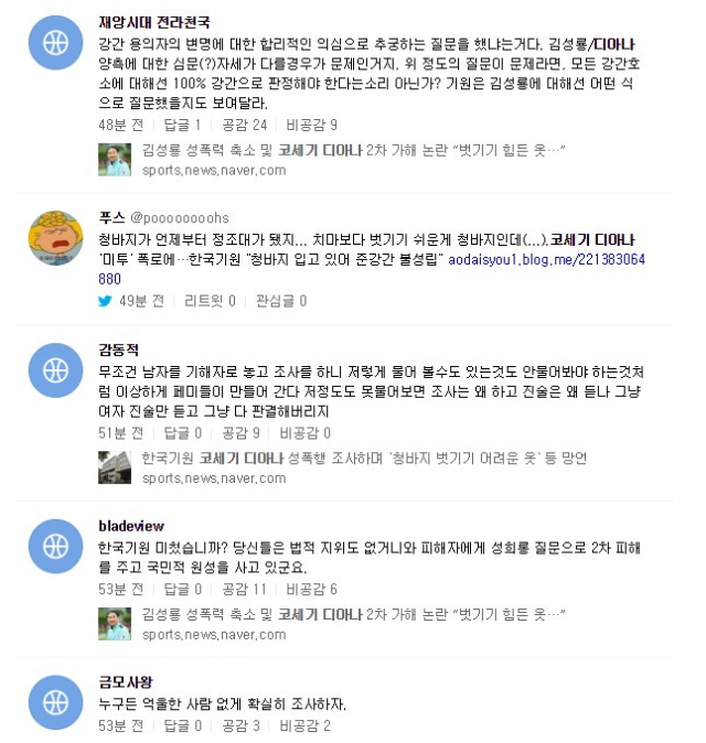 코세기 디아나 2차 가해 논란에 대한 네티즌 의견. 네이버 화면 캡처