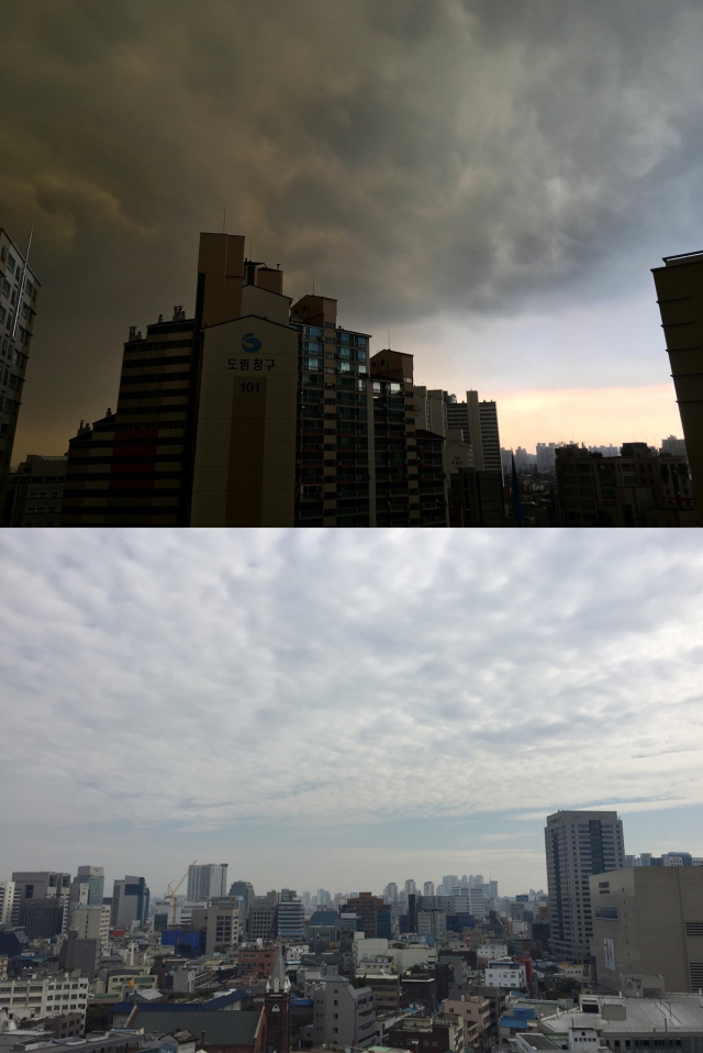 23일 오전 서울(위)과 대구 하늘. 트위터, 황희진 기자
