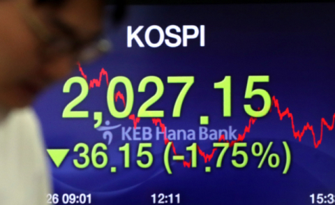 코스피가 36.15포인트 하락하며 2,027.15로 장을 마감해 4일 연속 연중 최저를 기록한 26일 오후 서울 중구 을지로 KEB하나은행 본점 딜링룸에서 한 딜러가 전광판 앞을 지나고 있다. 연합뉴스