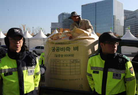 2일 오전 전국농민회총연맹과 전국쌀생산자협회 농민들이 가져온 공공비축미 건조벼가 서울 세종로 정부서울청사 앞 트럭에 실려 있다. 이날 항의의 뜻을 전달하기 위해 트럭 여러 대에 공공비축미 건조벼를 싣고 온 농민들은 물가관계차관회의가 열리는 정부서울청사 앞에서 수확기 정부재고미 방출계획 철회를 요구하는 기자회견을 했다. 연합뉴스