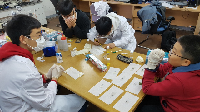 대구대 글로벌브릿지 영재교육원의 융합영재과정 학생들이 수업 중에 원추세포를 관찰 하고 있다.