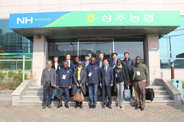 6일 상주농협본점을 견학한 토고 정부 관계자들이 김성철 상주농협장(앞줄 오른쪽에서 세번째)등 상주농협관계자들과 기념촬영을 하고 있다. 상주농협 제공