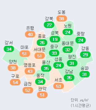 7일 오후 1시 기준 서울 초미세먼지 현황. 케이웨더