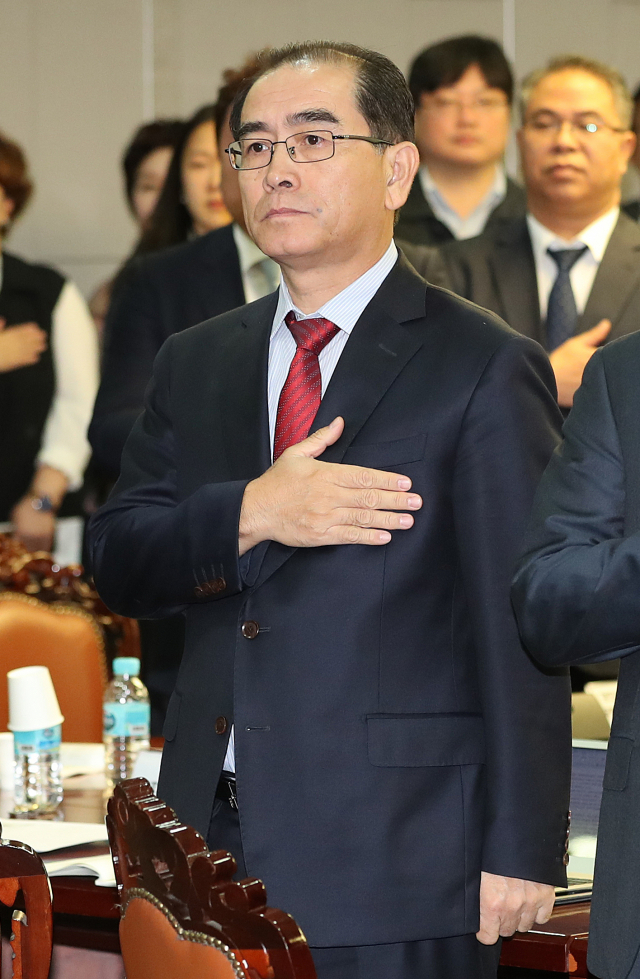 태영호 전 주영국 북한대사관 공사가 8일 국회 의원회관에서 열린 북한인권법 개선을 위한 정책 토론회에서 국기에 경례하고 있다. 연합뉴스