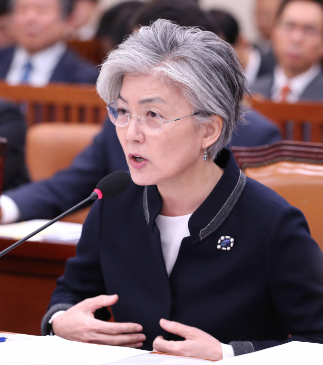 강경화 외교부 장관이 국회 외교통일위원회 전체회의에서 의원들의 질의에 답하고 있다. 연합뉴스