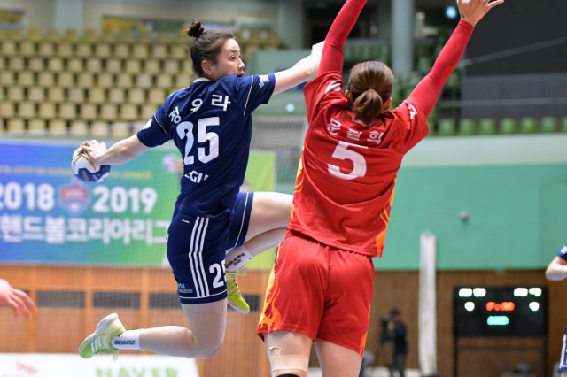 정유라(대구시청)가 지난 10일 경남 마산체육관에서 열린 여자부 인천시청과 경기에서 슛을 시도하고 있다. 대한핸드볼협회 제공