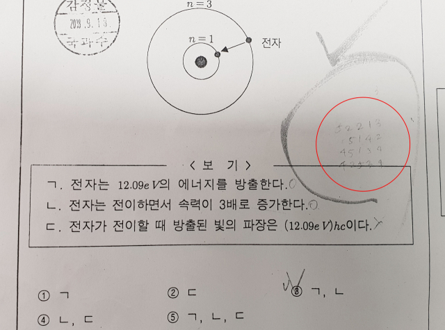 12일 오전 서울 수서경찰서가 공개한 숙명여고 쌍둥이 문제유출 사건의 압수품인 시험지. 시험지에 해당 시험 문제의 정답(빨간 원)이 적혀있다. 연합뉴스