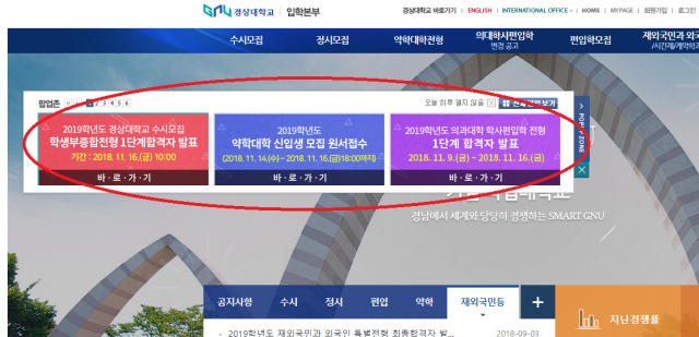 경상대학교가 수시 및 편입학 합격자를 16일 발표중이다.