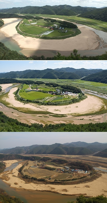 첫번째 사진부터 2009년 8월, 2015년 9월, 2018년 11월 촬영한 회룡포 전경이다. 2009년 12월 영주댐이 공사에 착수하면서 지속해서 육지화 현상이 나타나고 있다. 2년 전 본지 보도 이후에도 아무런 대책 없이 방치돼 짧았던 풀들이 현재는 무성하게 자란 모습이다. 대구환경운동연합 제공, 윤영민 기자