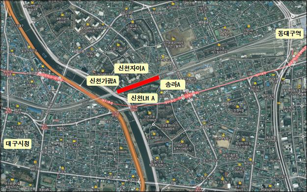 대구시는 동구 신천동과 신암동 공동주택 밀집지역을 통과하는 경부고속철도 복개구간 상부에 공원과 산책로, 화단 등을 조성하는 환경개선사업을 착공한다. 붉은 색으로 표시된 구간이 사업구간. 대구시 제공