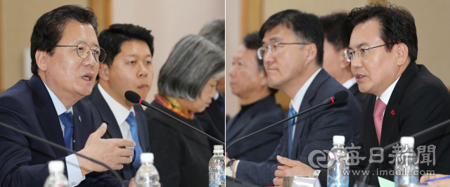 23일 대구시청에서 더불어민주당 대구시당-대구시 예산정책 간담회가 열려 남칠우(왼쪽) 더불어민주당 대구시당위원장과 이상길(오른쪽) 대구시 행정부시장이 발언하고 있다. 성일권 기자 sungig@msnet.co.kr