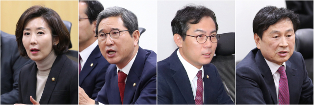 29일 오전 국회 의원회관에서 열린 자유한국당 초선의원 모임에 인사차 방문한 원내대표 후보군에 속한 나경원(왼쪽부터), 김학용, 김용우, 유재중 의원이 각각 포부를 밝히고 있다 . 연합뉴스