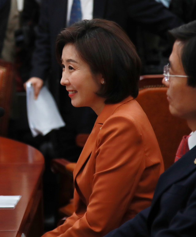 자유한국당 나경원 의원이 28일 오전 국회에서 열린 비상대책위원회·중진의원 연석회의에서 참석해 미소짓고 있다. 연합뉴스