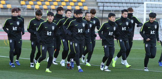 축구 국가대표팀 선수들의 훈련 모습. 연합뉴스